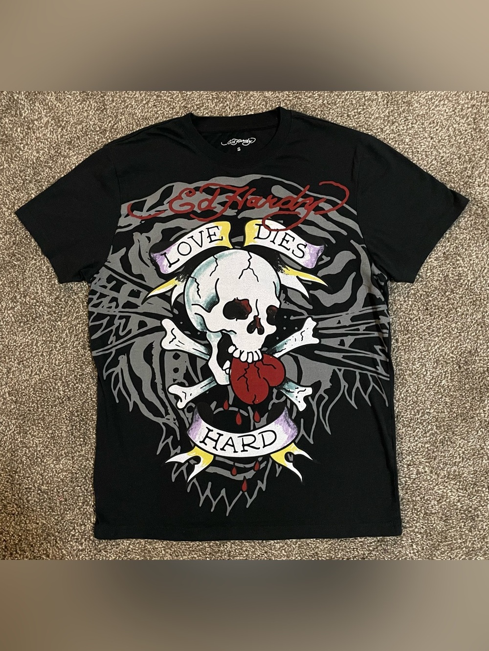 Ed Hardy Black T-Shirt with Tiger , Skull & Red Heart Graphic